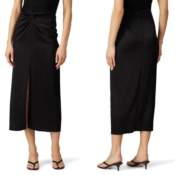 Nanushka Samara Skirt Satin High Rise Gathered Knot Front Slit Midi Black XL - Picture 1 of 11